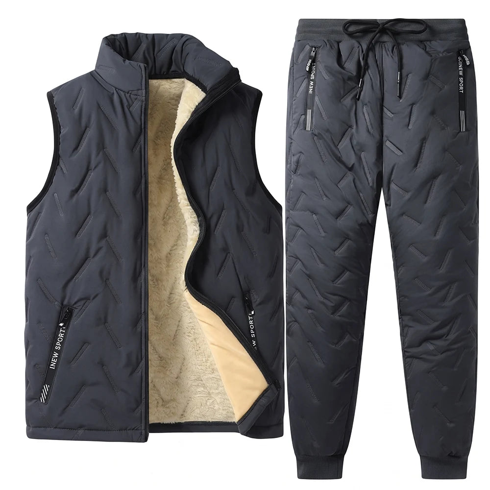 Winter Men Thermal Tracksuit 3Pcs Set, Fleece Lined Warm Quilted Coat Sleeveless Vest Elastic Waist Pants, Windproof Casual Spor