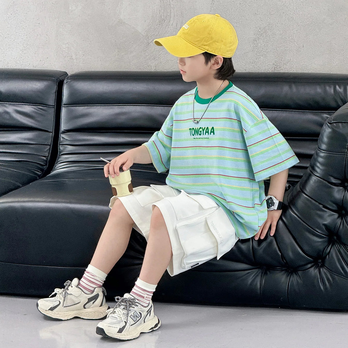 Kids Children Fashion Short Sleeve Green Striped T-shirt for Tweens Boy Summer Clothing Streetwear Cotton Tshirt Outfit Age 5-14