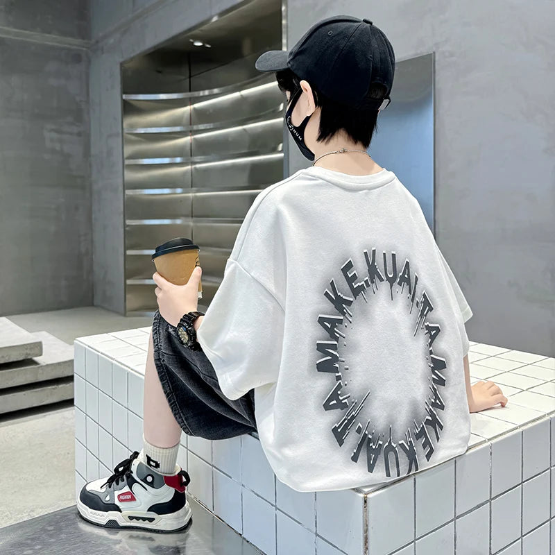 Kids Boys T-Shirt Summer Cotton Tops Teenager Cartoon Pattern Loose Fashion Tees Tshirts Short Sleeve Child Tee Tops Clothing