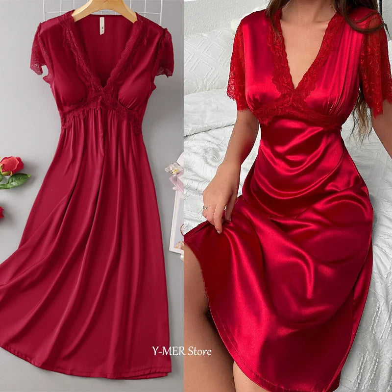 Sexy Nightdress for Women Summer Spring Home Dress V-Neck Nightgown Lace Sleeve Sleepwear Long Intimate Lingerie Nightwear