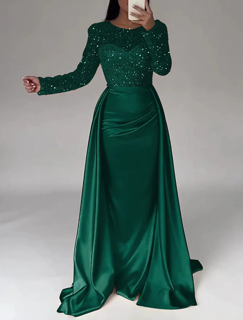 2026 Elegant Evening Dresses Women's Chic Sequin Splice O-neck Long Sleeve Pleated Maxi Dress Sexy High Waist Slim Banquet Gowns