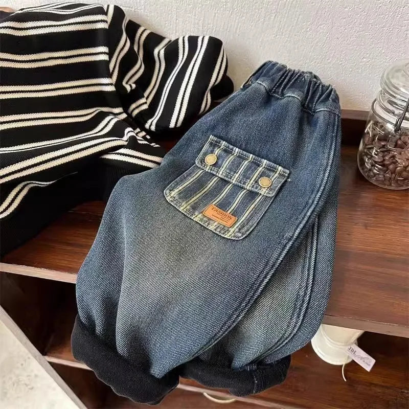 Boys Fleece-lined Jeans Fashion Children's Winter Denim Pants Kids Casual Autumn Trousers New Toddler Plush Velvet Pants 1-8Y