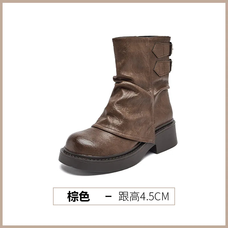 Womens Western Cowgirl Boots Autumn Winter New Waterproof Thick Bottom Casual Shoes Fashion Versatile Women's Short Boots Mujer
