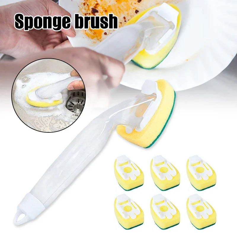Soap Dispensing Dish Cleaning Brush Set,Replacement Sponge Refill Liquid Washing Home Kitchen Sink Cleaning Tool