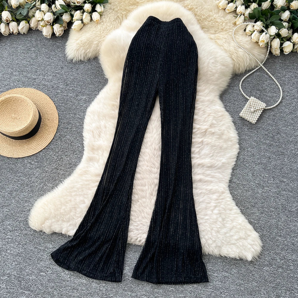 Casual Women Elegant  slim Bright silk Vintage High Waist Pants Fashion autumn Femme Women Clothes