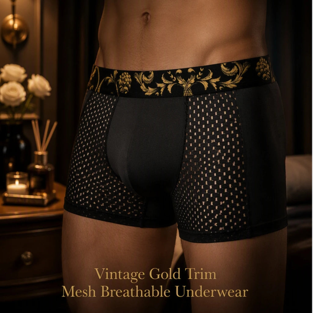 Men Boxer Briefs Luxury Golden Floral Printed Waistband Mesh Breathable Soft Smooth Underwear Men Daily Casual Wear 1/3Pcs Set