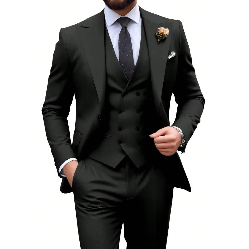 Herrenanzug, 3-teiliges Anzugset für Herren, elegant, unifarben, modisch, Slim Fit, mit zweireihigem Sakko, Weste und Hose, Businesslook