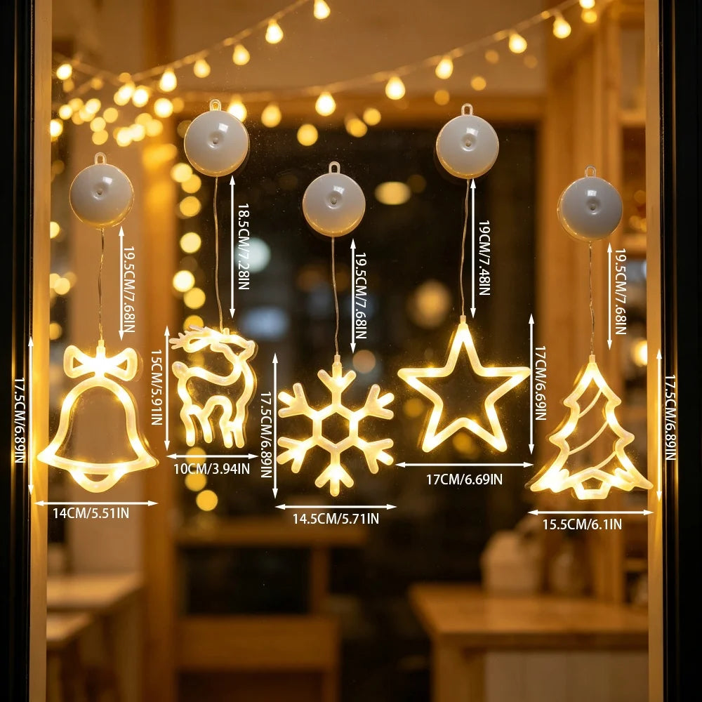 Christmas LED Hanging Window Decorations with Suction Cups Snowflake Tree Bell Star Deer Lights for Tree Living Room Decor