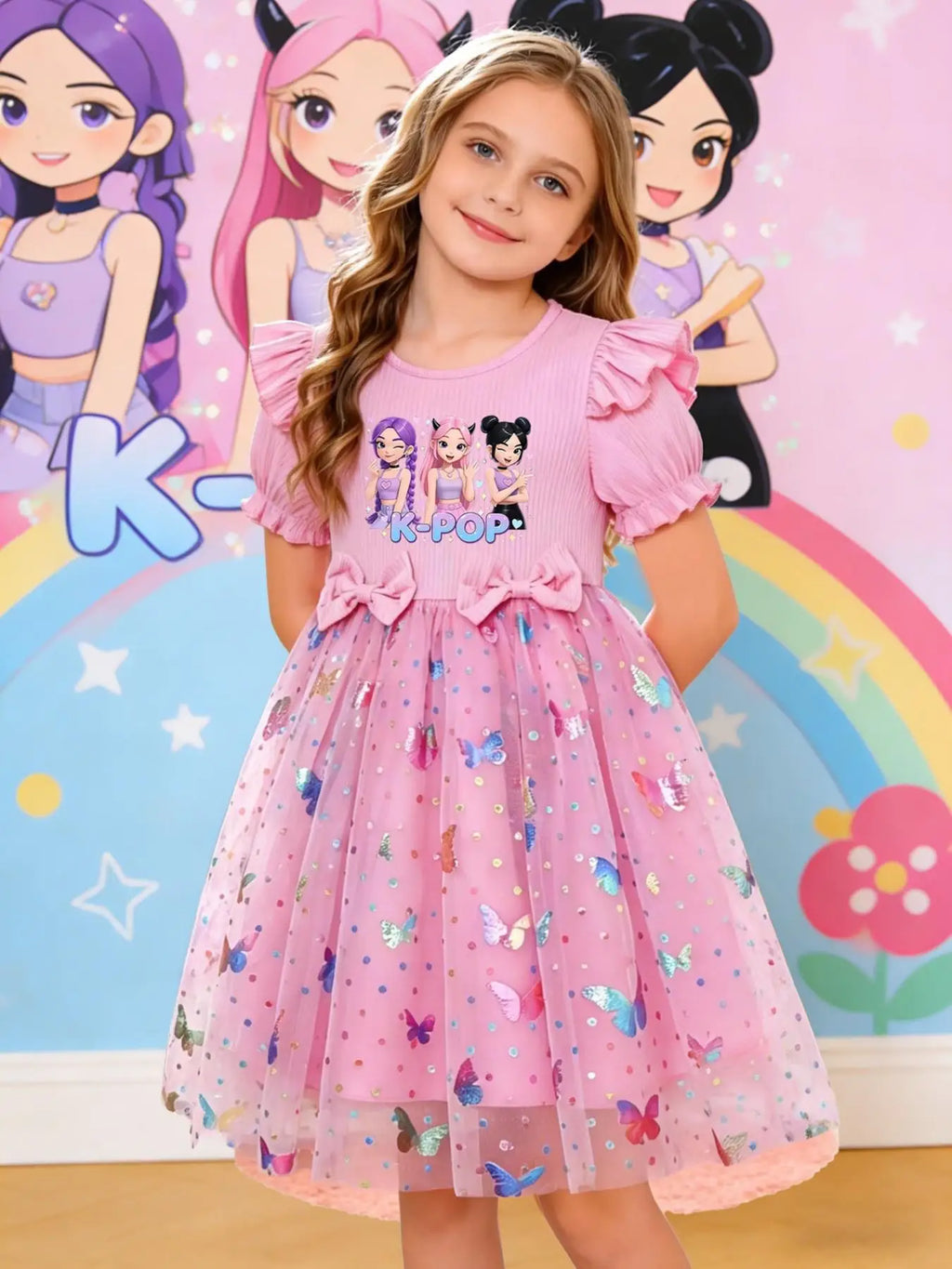 Girls' Elegant Princess Dress, Cartoon Butterfly Print, Slim-Fitting Summer Gown, Perfect for Easter, Valentine's Day, Parties,