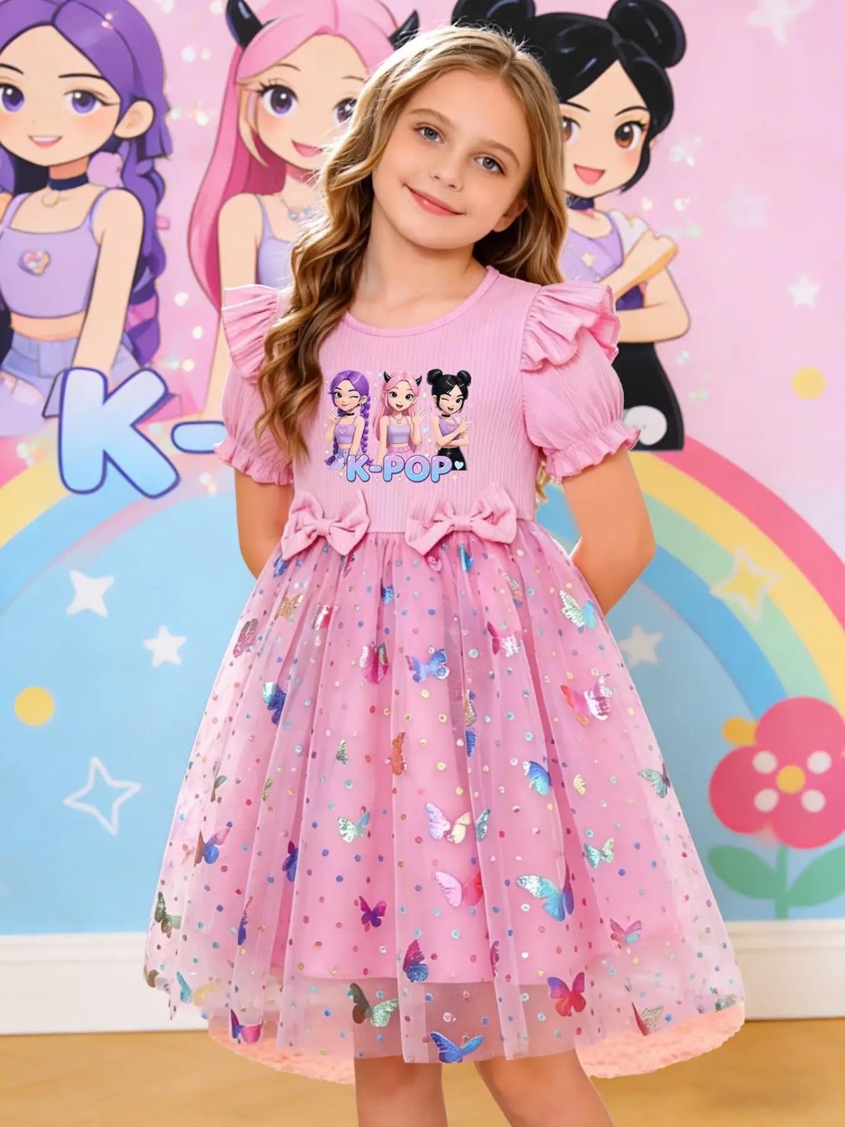 Girls' Elegant Princess Dress, Cartoon Butterfly Print, Slim-Fitting Summer Gown, Perfect for Easter, Valentine's Day, Parties,