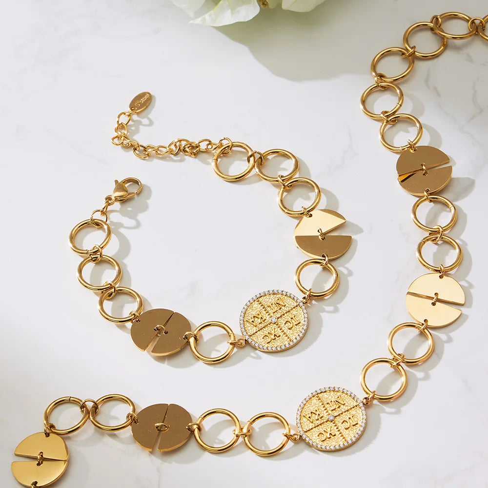 316 Stainless Steel Gold-Plated Large Circular Chain Necklace Choker Women's Shiny Round Zircon Golden Bracelet Jewelry Set