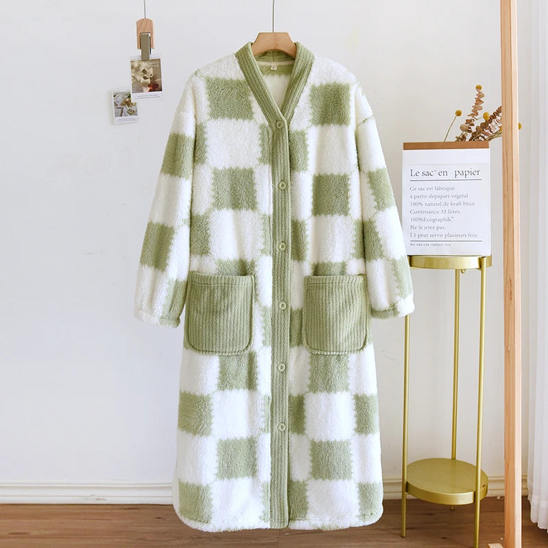 Thickened Flannel Sleep Robe Women's V-neck Long Sleeve Bathrobe Coral Fleece Plaid Midi Nightgown Winter Home Leisure Wear