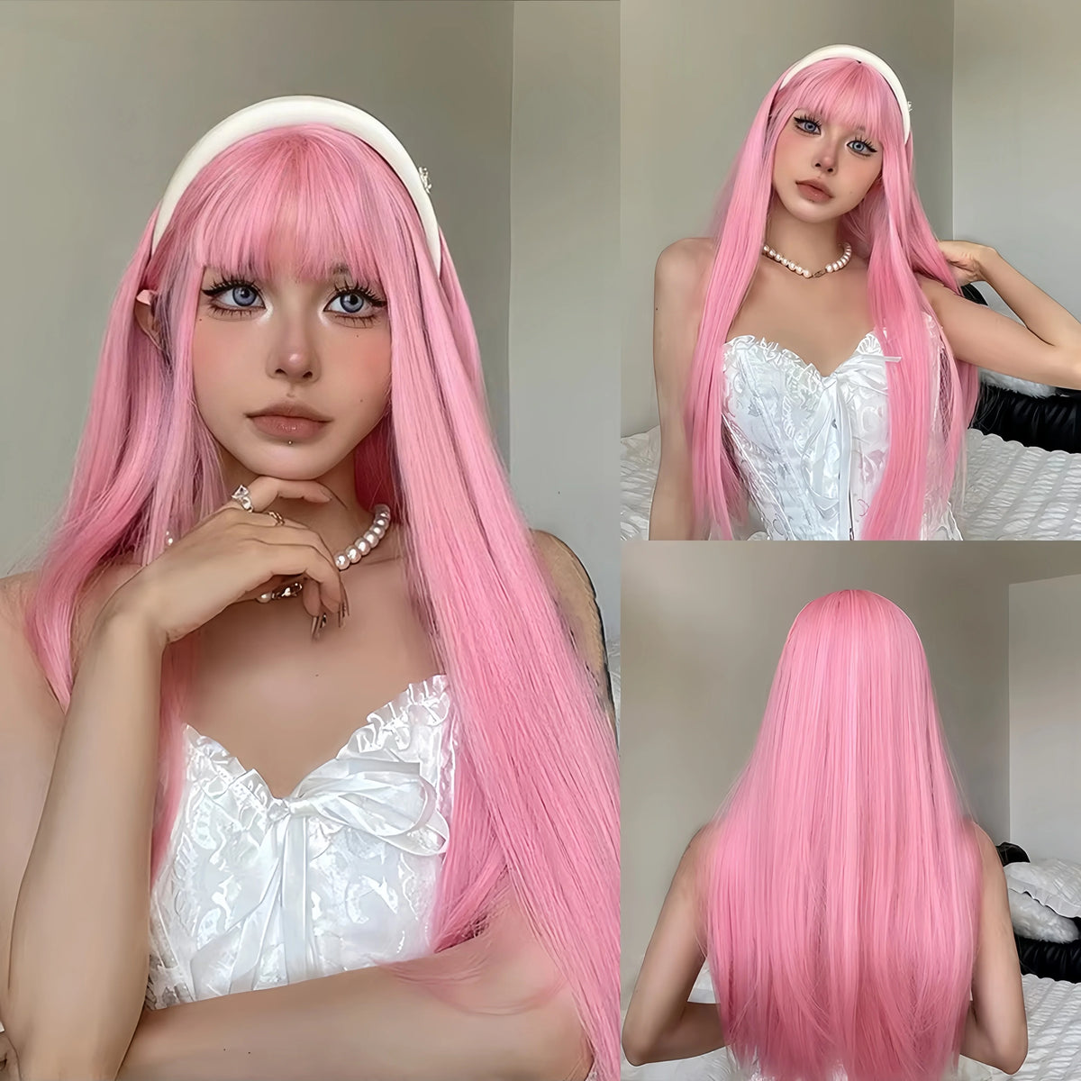 Light Pink Long Straight Hair Synthetic Wig for Halloween Cosplay Costume Party, Daily Wear, High-Temperature Silk Wig Cap