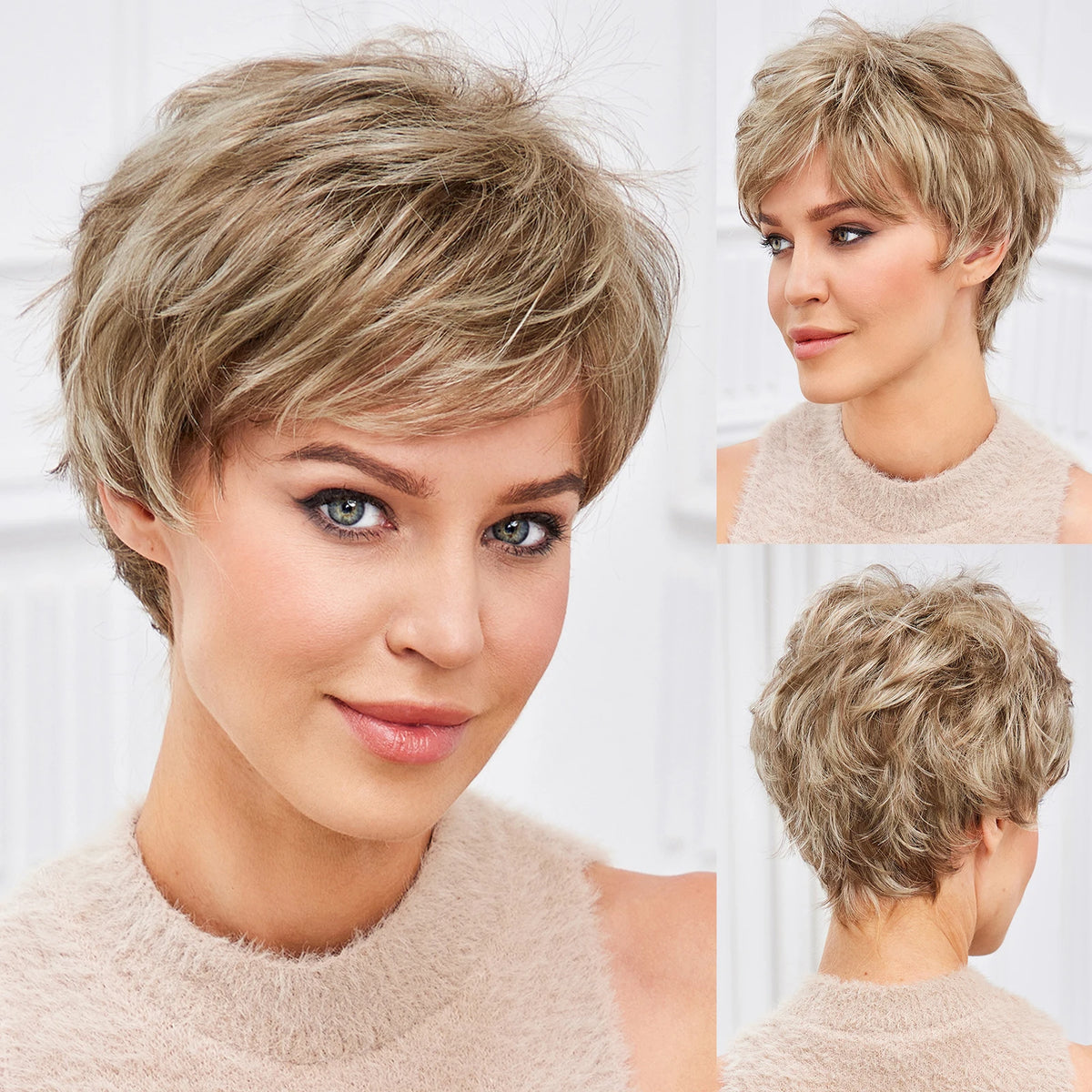 Short Pixie Cut Ash Blonde Wigs for Women with Bangs Blonde Natural Layered Blend Hair Kanekalon Human Hairs Like Texture Wigs