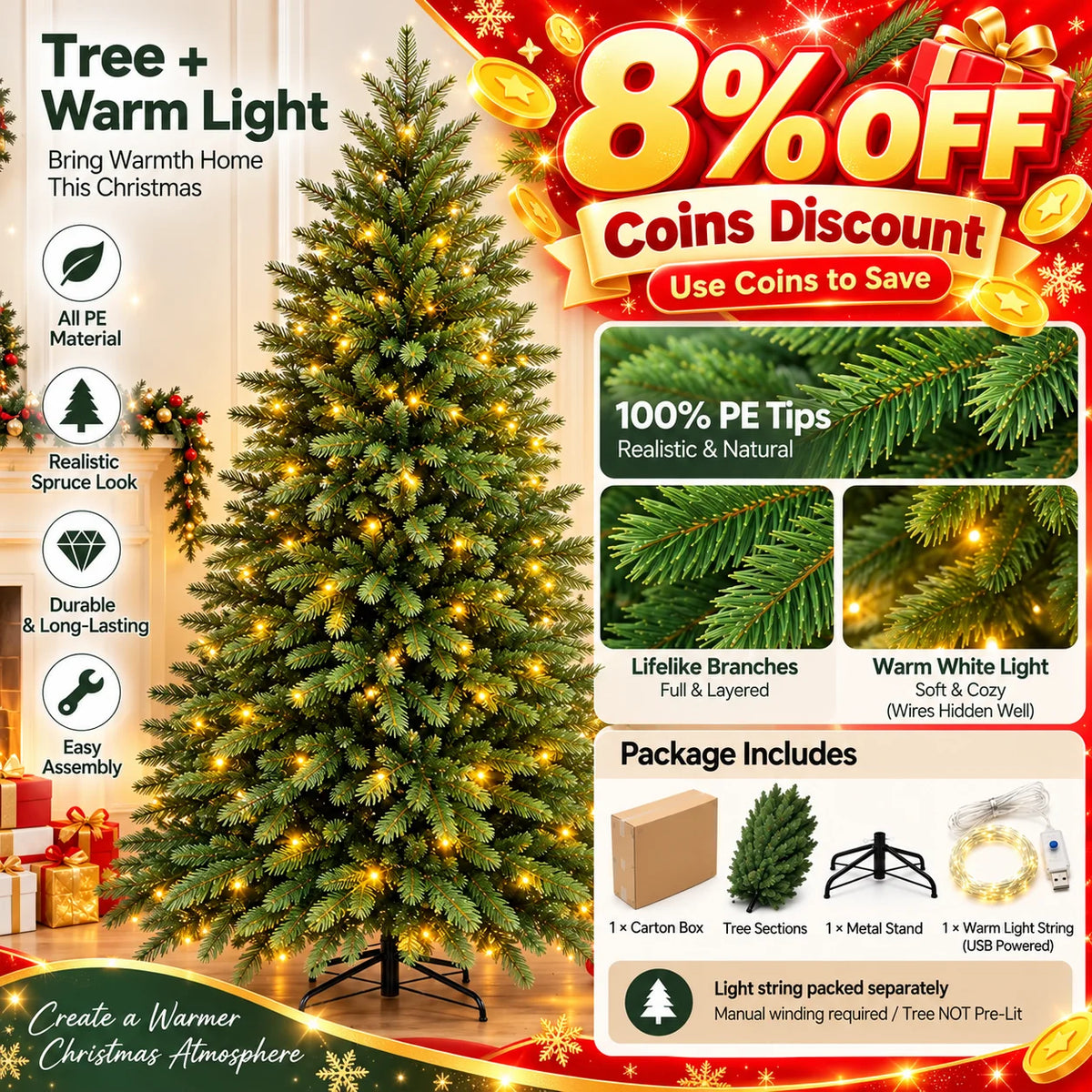 Luxuriöser künstlicher Fichten-Weihnachtsbaum (120cm - 300cm)