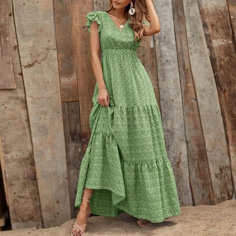 Casual V Neck Print Dress For Women Fashion Boho Holiday Beach Dresses Robe Femme Elegant High Waist Loose Skirt Womens Clothing
