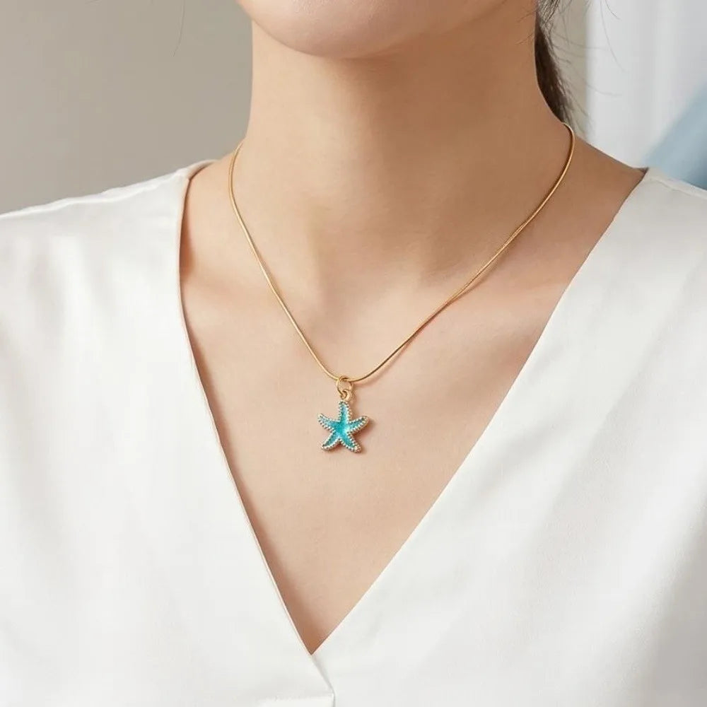 Women's Jewelry Set Bohemian Ocean Theme Jewelry Set Adjustable INS Necklace Earrings Set Blue Fashion Starfish Necklace Women