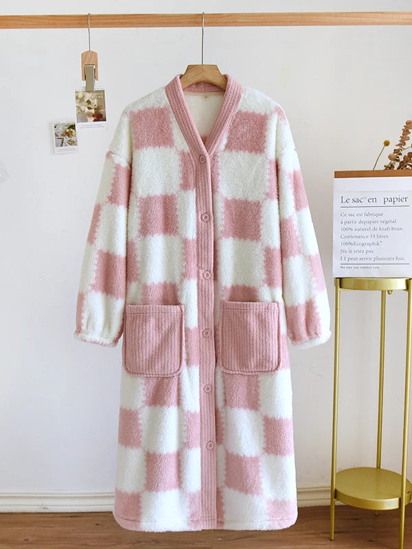 Thickened Flannel Sleep Robe Women's V-neck Long Sleeve Bathrobe Coral Fleece Plaid Midi Nightgown Winter Home Leisure Wear