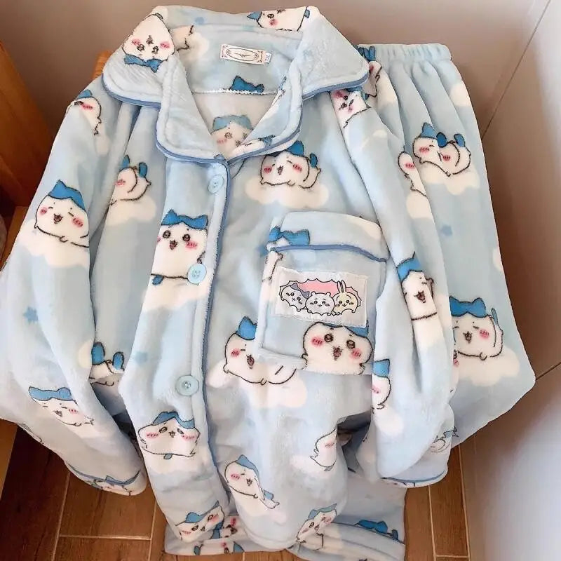 Anime Winter Girl Pajama Chiikawa Pajamas Usagi Hachiware Cartoon Pants Indoor Keep Warm Comfortable Thicken Leisure Homewear