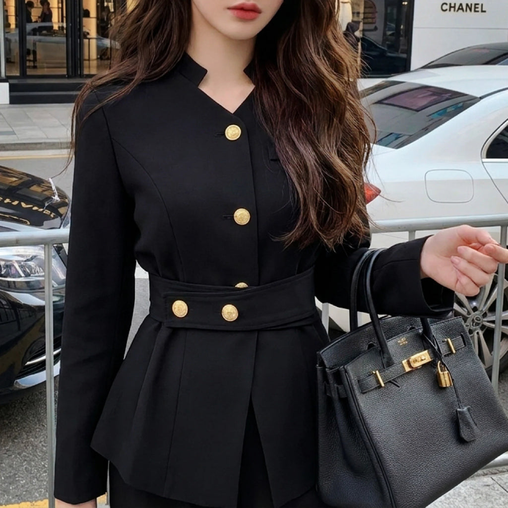 Elegantes Blazer-Anzugset für Damen, einreihiger Blazer mit Gürtel und hoch taillierter Hose mit weitem Bein, Business-Outfit DM3CSE024