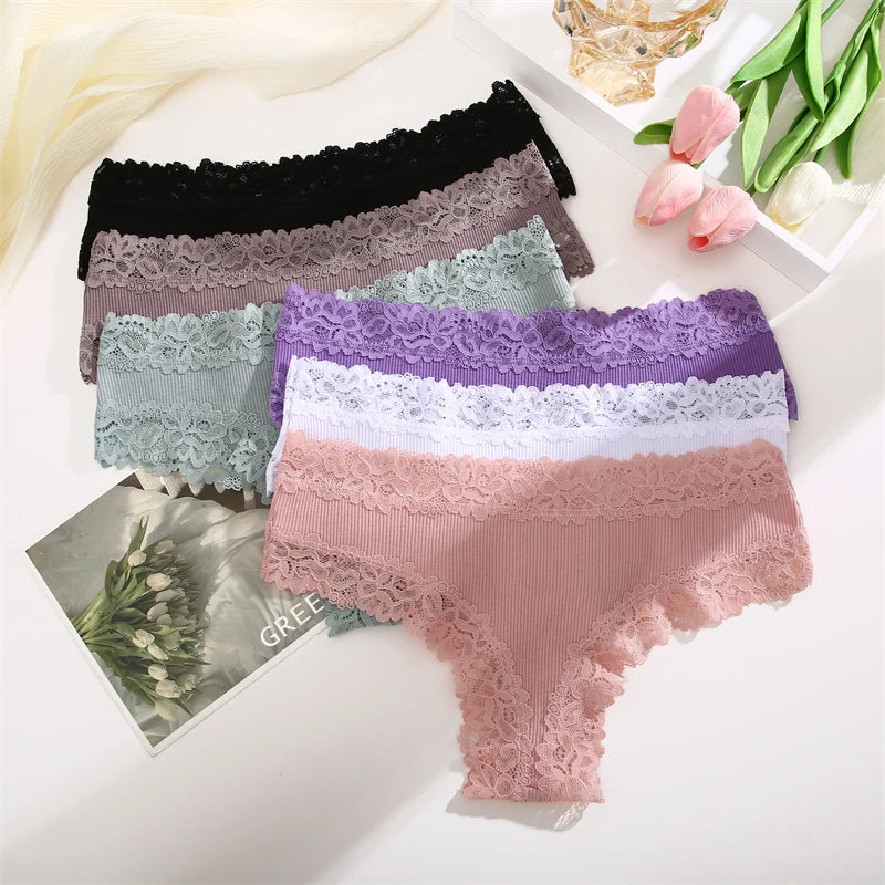Women Cotton Panties Sexy Floral Lace Breathable Underwear Girls Ribbed Low-Waist Briefs Comfortable Bikini Solid Color Lingerie