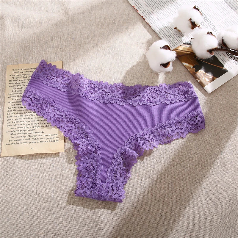 Women Cotton Panties Sexy Floral Lace Breathable Underwear Girls Ribbed Low-Waist Briefs Comfortable Bikini Solid Color Lingerie