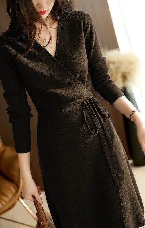 Women Elegant Wrap V Neck Knit Dress Long Sleeve Self Tie Belt Midi Sweater Dress Dark Navy Slim Office Ladies Autumn Winter Kni