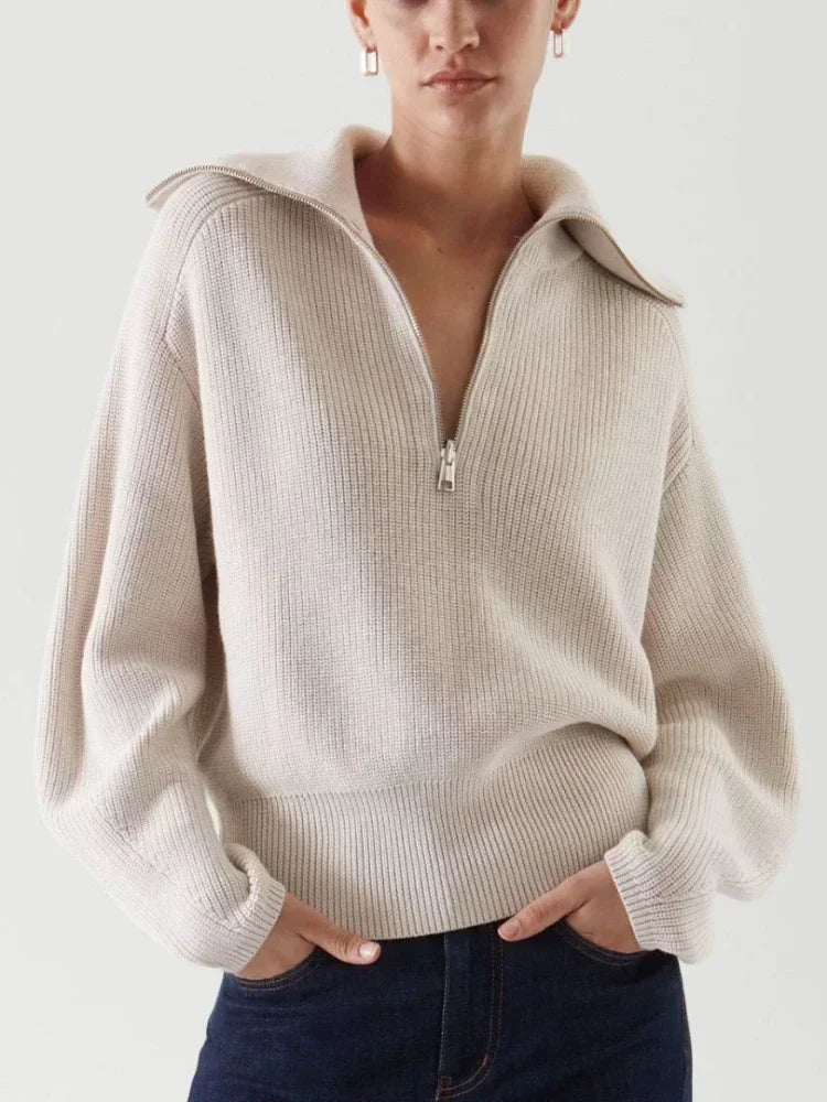 Winter Women's Sweater Long Sleeve Knitted Sweaters Oversize Turtleneck Zippers Loose Solid Turn-down Collar Pullover for Women
