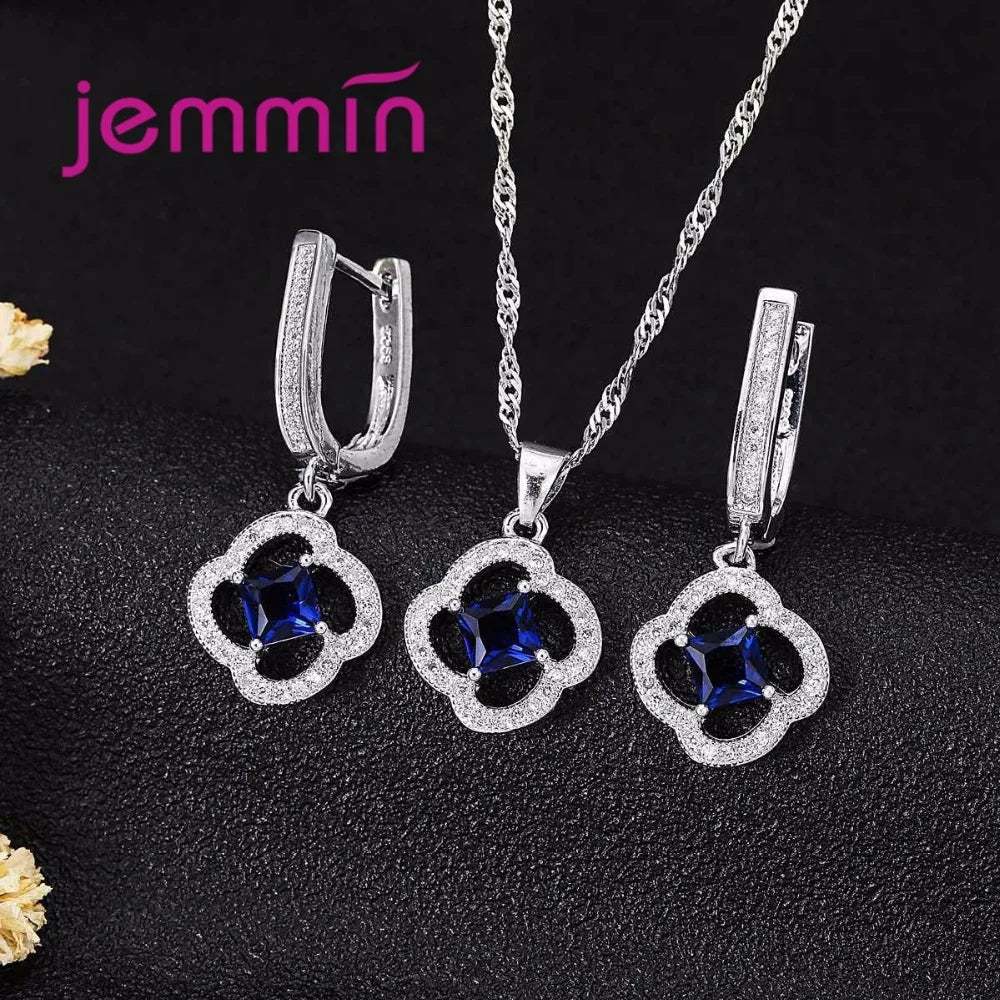 Women Jewelry Set Trendy 925 Silver  Cubic Zirconia Pendants Necklace Dangle Earrings Set For Engagement Wedding Accessory
