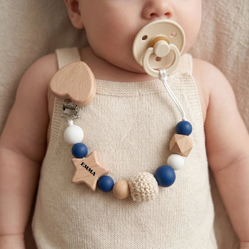 2026 Personalized Pacifier Clip Silicone Beads Beech Wood Teether Holder Custom Name Heart BPA Free Handmade Baby Shower Gift