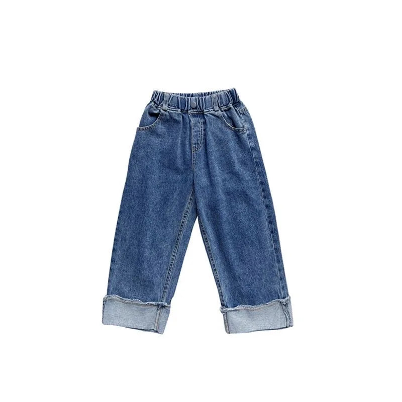 Spring Summer Autumn Kids Crimped Wide Leg Jeans Girls Loose Thin Denim Pants Children Fashion Casual Trousers 2-10 Years Girl