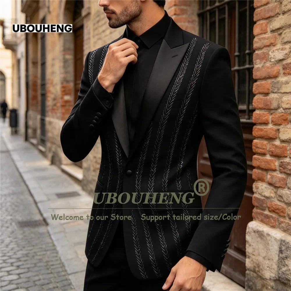 Man Ceremony Suit Set For Wedding Black Stones Beaded Jacket Pants 2 Pieces Single Breasted Groom Tuxedo Customized Male Clothes