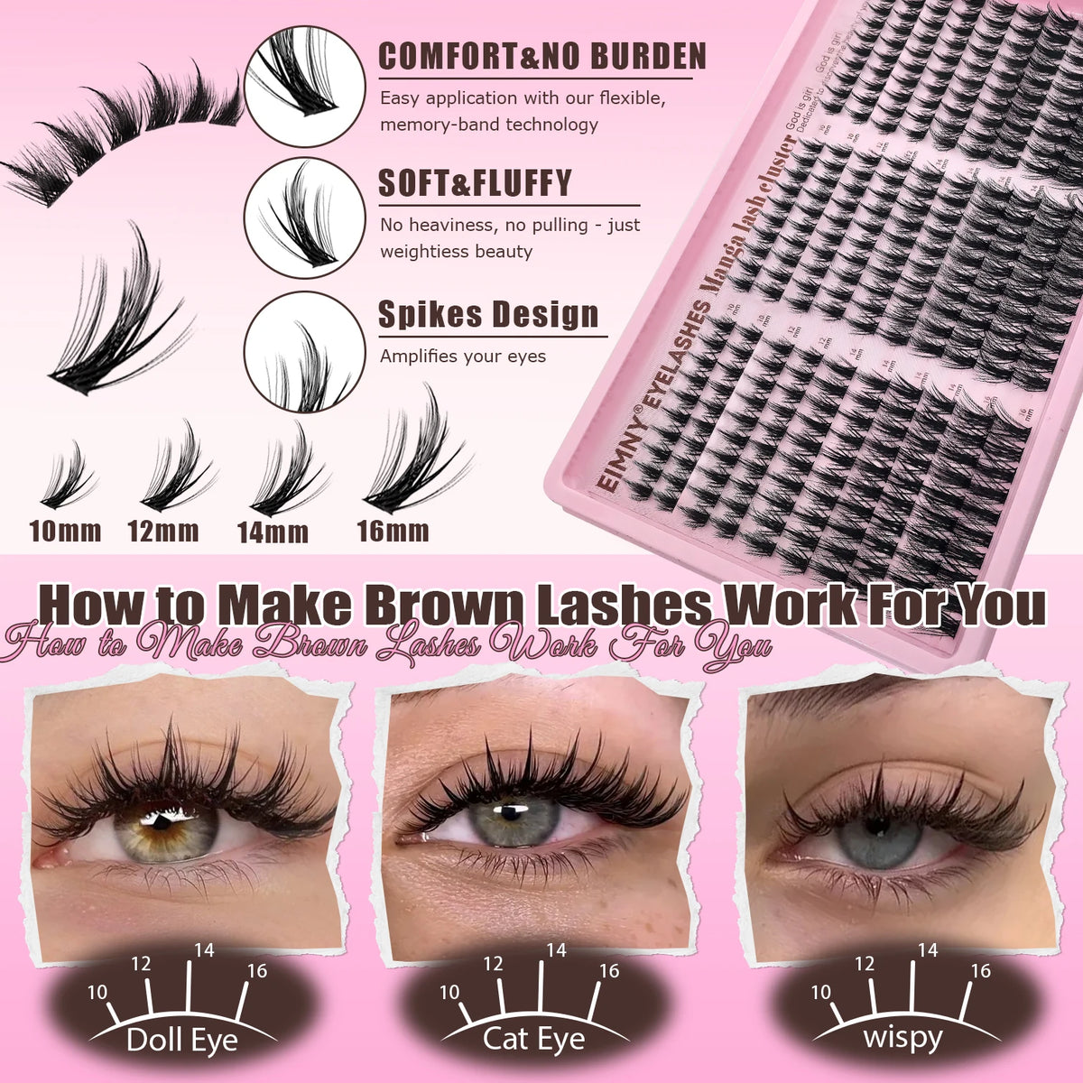 EIMNY 300PCS Little Devil Style Lash Extensions 10-16mm Including Glue Tweezers Cotton Swabs Manga Lashes Natural Voluminous