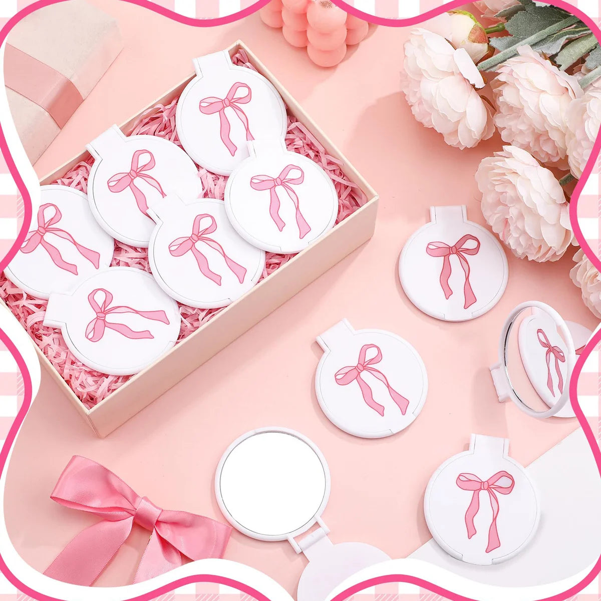 5 Sets Pink Bow Mini Pocket Mirror - Vanity Accessories For Women, Birthday Party Favors, Wedding Anniversary Bridal Shower Gift