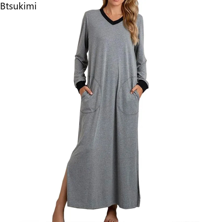 Women's Nightgowns V-Neck Long Sleeve Pajamas with Pocket Solid Color Long Dresses Sleepshirts for Women Soft Nightwear Robes