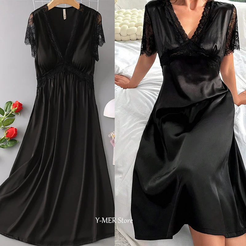 Sexy Nightdress for Women Summer Spring Home Dress V-Neck Nightgown Lace Sleeve Sleepwear Long Intimate Lingerie Nightwear