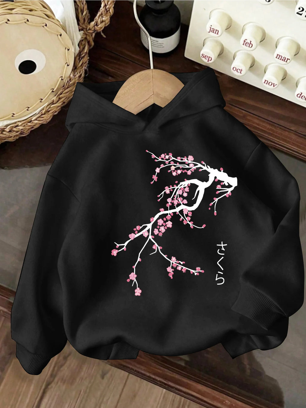 Kids' casual hoodie, Japanese style sweet cherry blossom print hooded sweatshirt, sweet and cool kids' casual top.