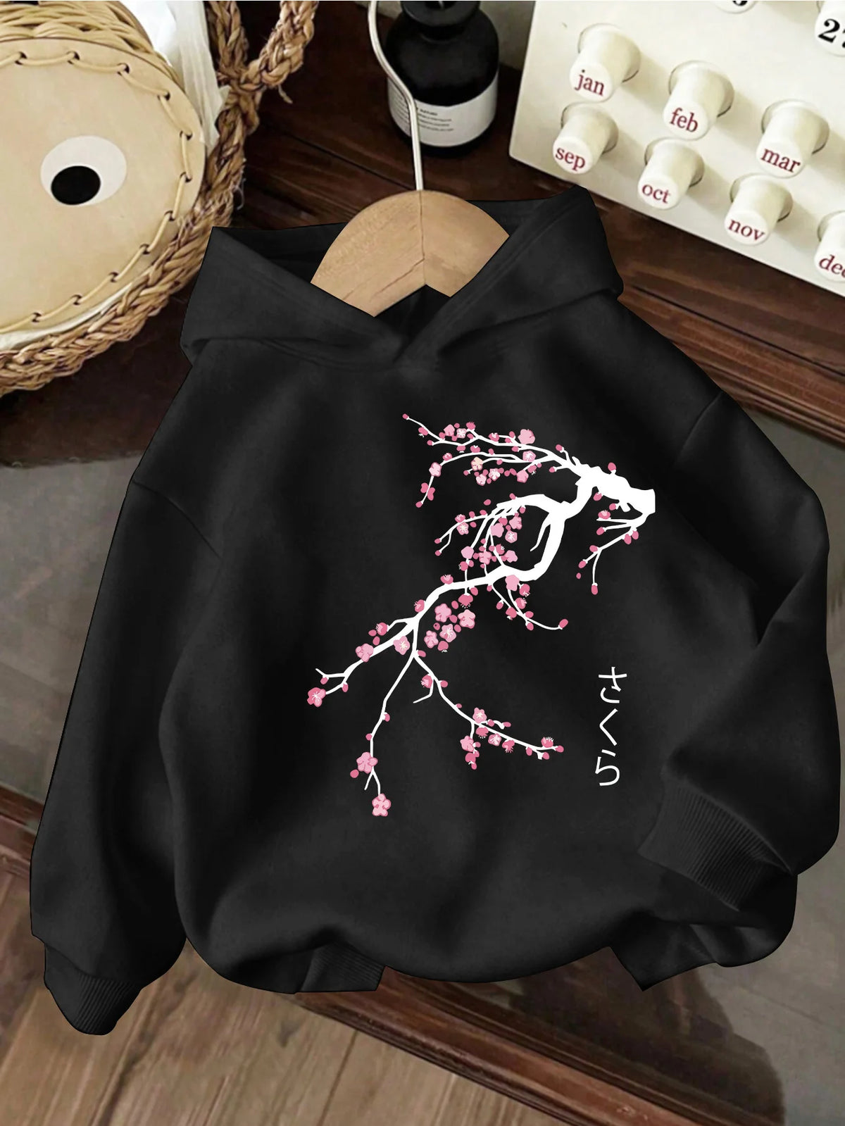 Kids' casual hoodie, Japanese style sweet cherry blossom print hooded sweatshirt, sweet and cool kids' casual top.