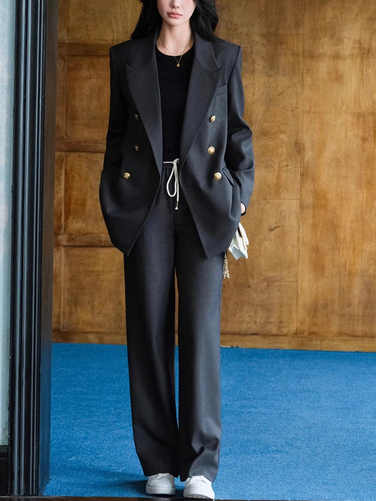 Trendiger Hosenanzug für Damen im Business-Look mit fallendem Revers, zweiteilig, Herbst/Winter 2024 – neue klassische Mode, locker geschnitten und vielseitig kombinierbar