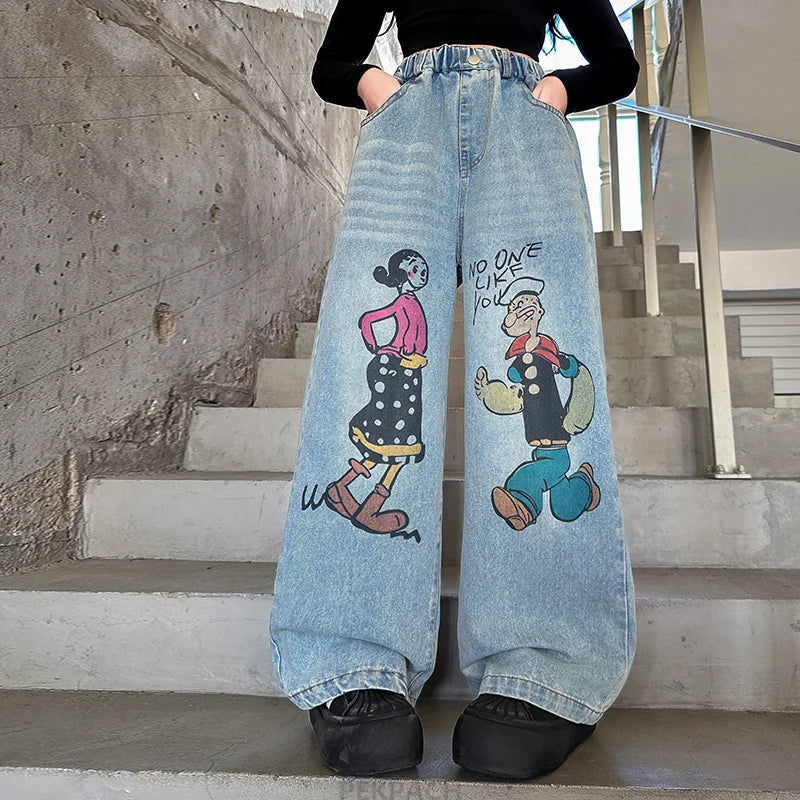 Kids Brand Cartoon Jeans For Girls Wide Leg Loose Denim Pants Children High Quality Jeans Trousers For Teenagers Age 5 To 14 Y