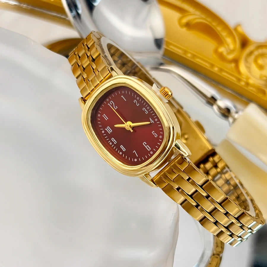 Minimalist Watch for Women: Gold Bean-Shaped Dial Slim Stainless Steel Band Delicate Simple Wrist Watch