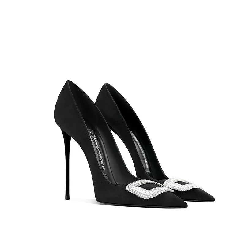 Wine Red High Heels for Women in Autumn, Slim Heels, Elegant Temperament, Square Buckle, Pointed Toe, Perfect Single Shoes for a
