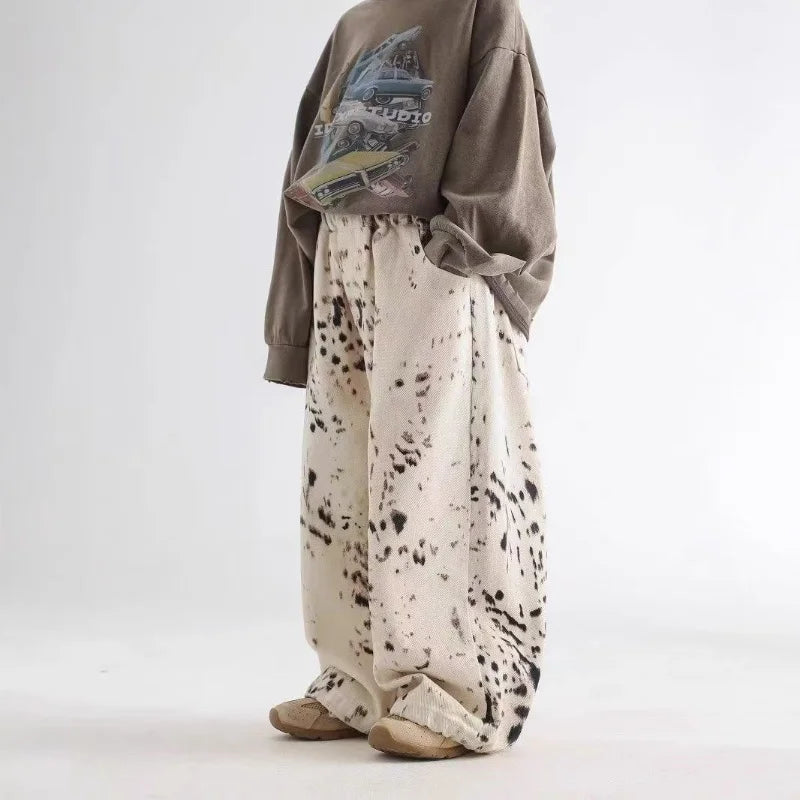 Korean Style  Boys Jeans Spring Autumn Kids Apricot Leopard Print Casual Wide Leg Pants Children Versatile Trousers 3-11Y