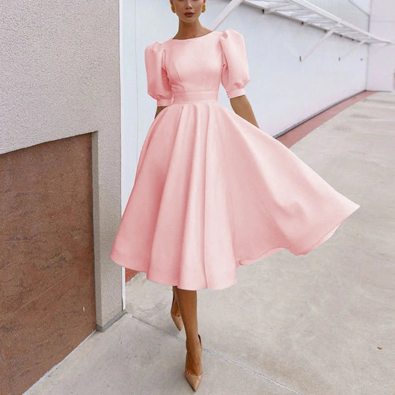 Casual Office Lady Dress Women Elegant Short Sleeve Solid A-Line Party Dresses For Women Fashion Summer Dress 2022