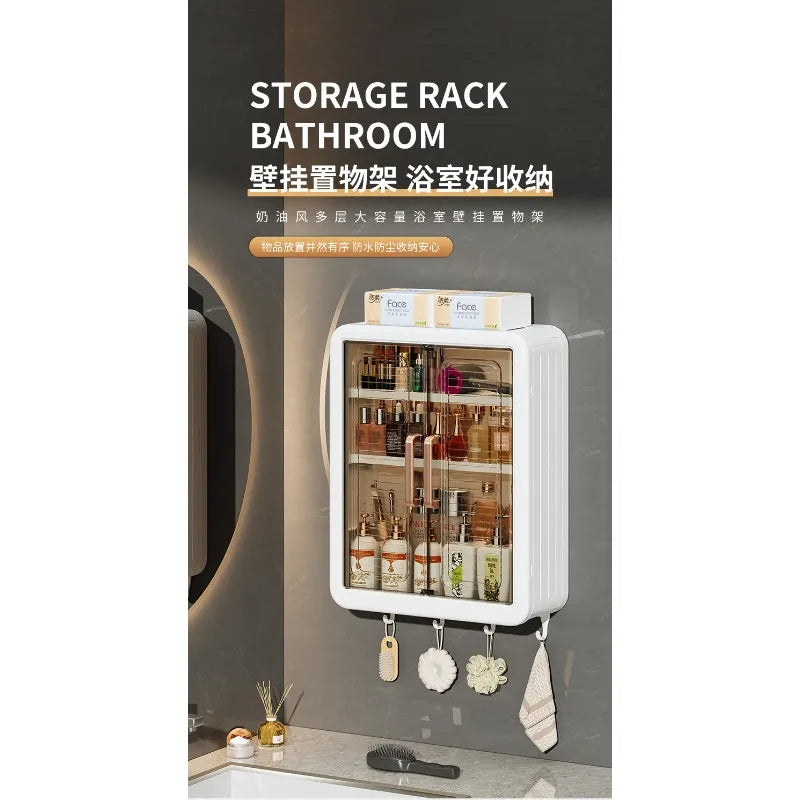 Bathroom Wall Mounted Storage Cabinet Magnetic Door Dustproof Shelf No Drill Hanging Organizer Home Toilet Space Saving Decor