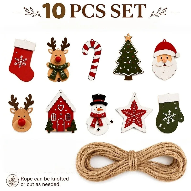 10 pieces Christmas wood decoration, Santa Claus, reindeer, Christmas tree, stars, etc., winter/Christmas house party decoration