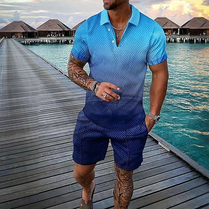 Men's Clothing Tracksuit Sets 3D Print Color Squares Pattern Casual Zipper Polo Shirt And Shorts 2pcs Sets Trend Streetwear Man