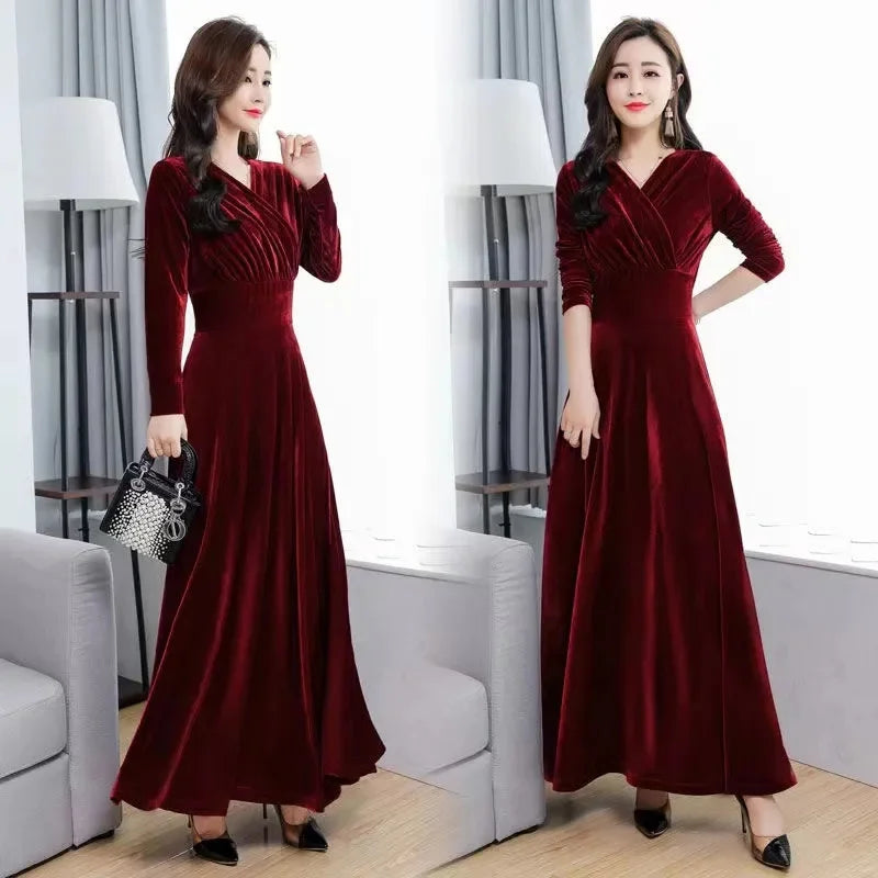Golden Velvet Dress For Women Spring Autumn New Fashion Sexy V-Neck Long Sleeve Dress Lady Party Evening Dresses Long Vestidos
