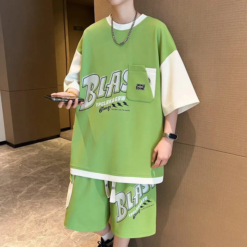 Men's 2-Piece Summer Streetwear Fashion Set - Short Sleeved T-Shirts & Knee-Length Shorts Casual Tops Tees And Pants for Youth