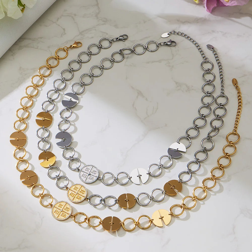 316 Stainless Steel Gold-Plated Large Circular Chain Necklace Choker Women's Shiny Round Zircon Golden Bracelet Jewelry Set